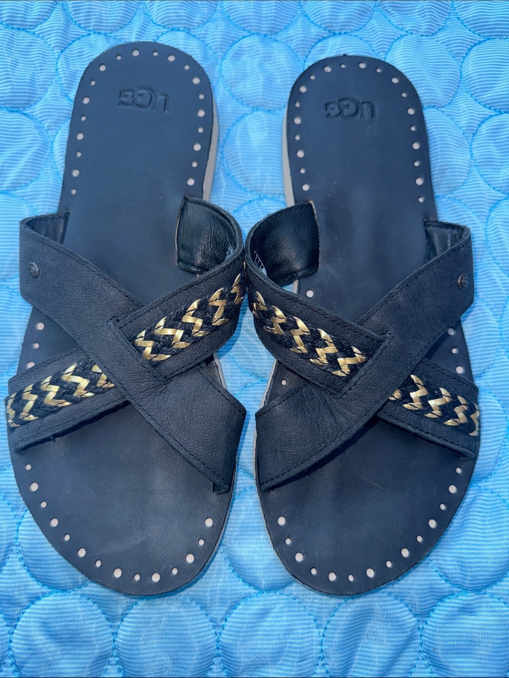 UGG Black Slide Sandals with Braided Gold Accent